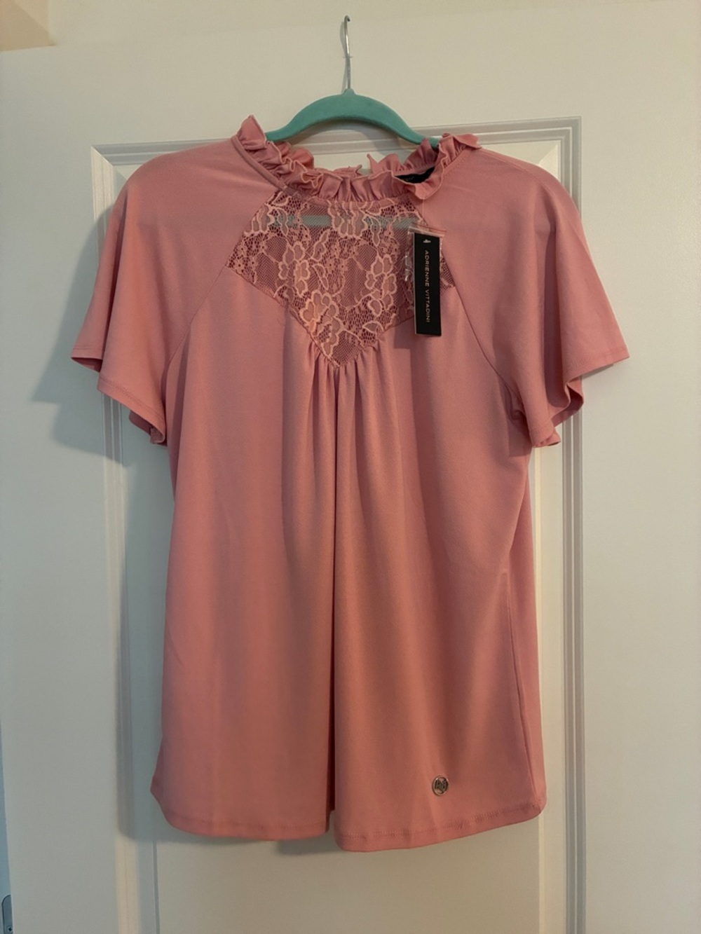 Adrienne Vittadini Dusty Rose Lace Yoke Ruffle Neck Blouse